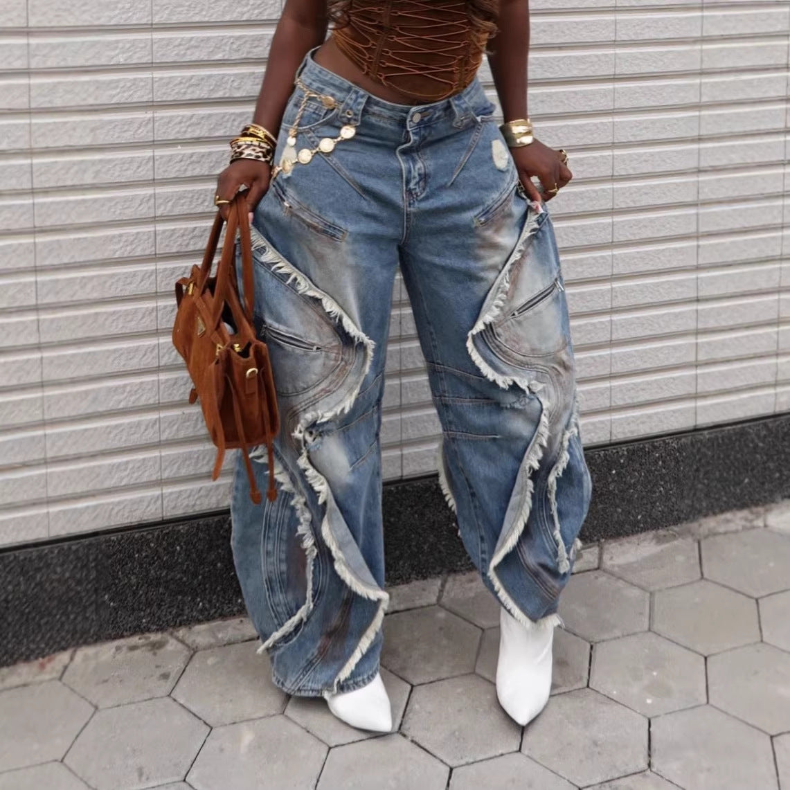 Heavy-duty Wave Frayed Ripped Knife-edge Jeans