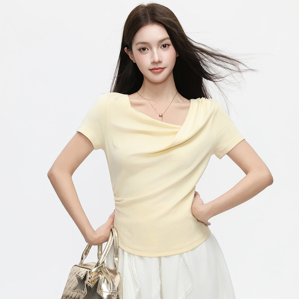 One-Cloth Three-Way Wear Asymmetrical Off-Shoulder Ruffled Neck Short Sleeve T-Shirt for Women