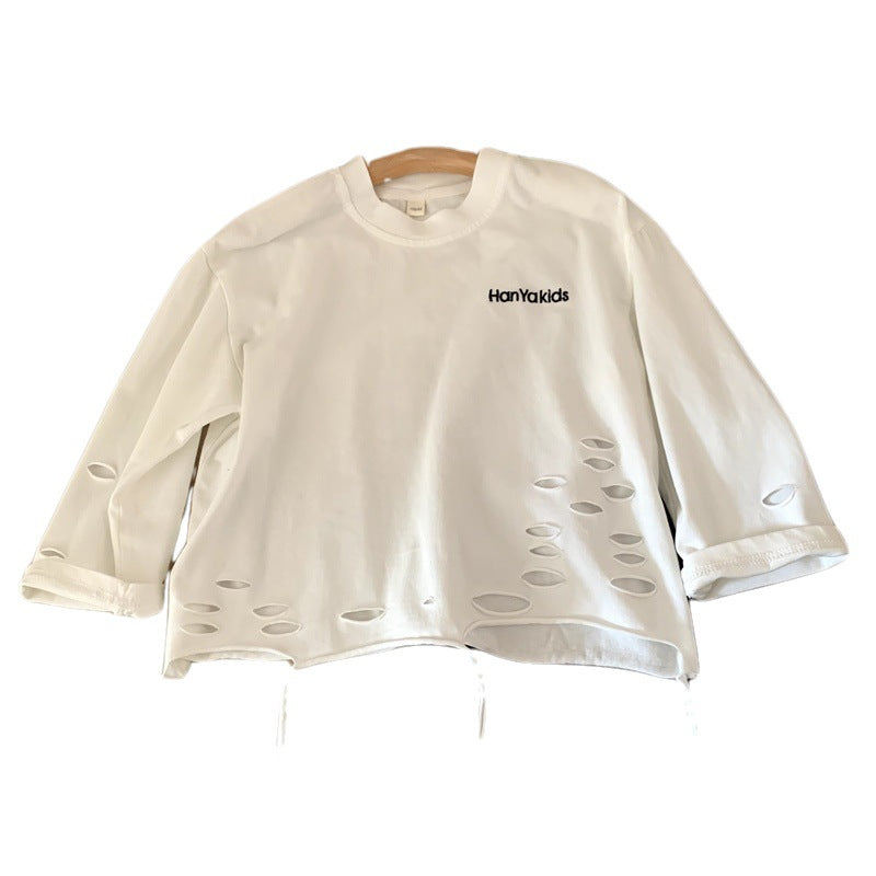 Printed letter perforated round neck long sleeved T-shirt