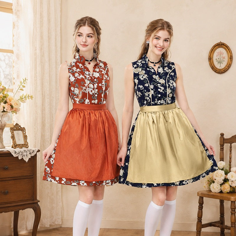 German Beer Festival Vintage Floral Sleeveless Dirndl Dress Bavarian Ethnic Party Stage Performance Costume