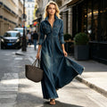 Style Retro Elegant Fitted Long Sleeve Denim Dress with Flared Skirt