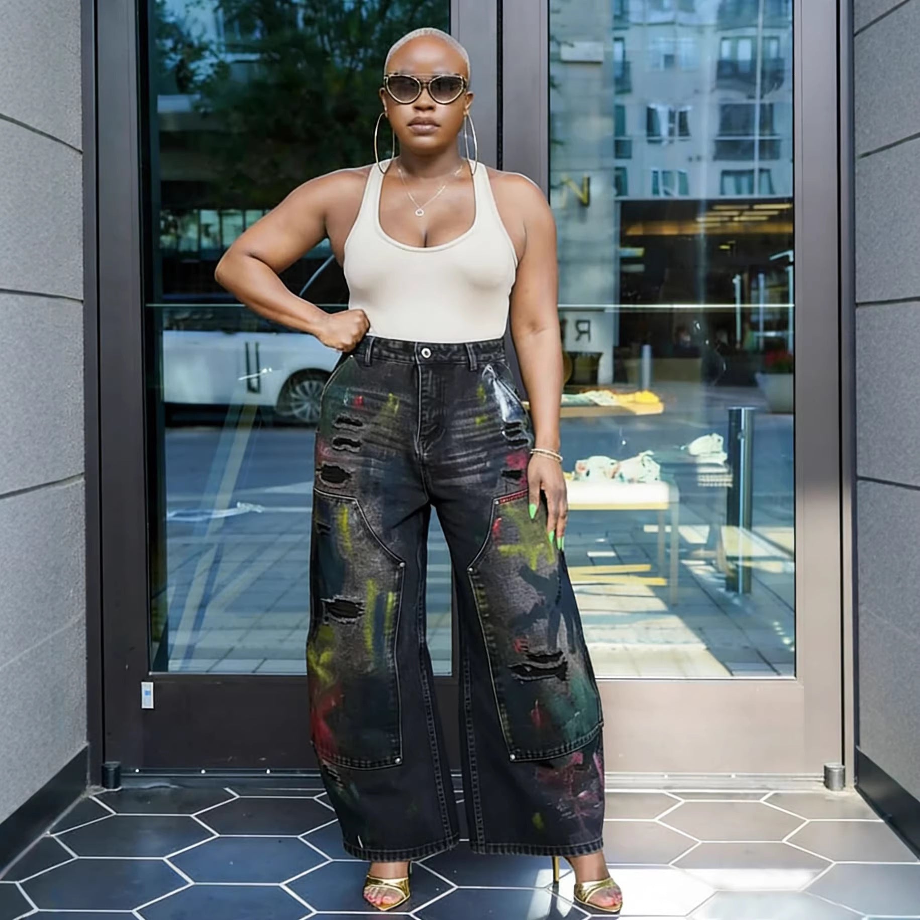 Street Style Heavy-Duty Painted Graffiti Ripped Jeans