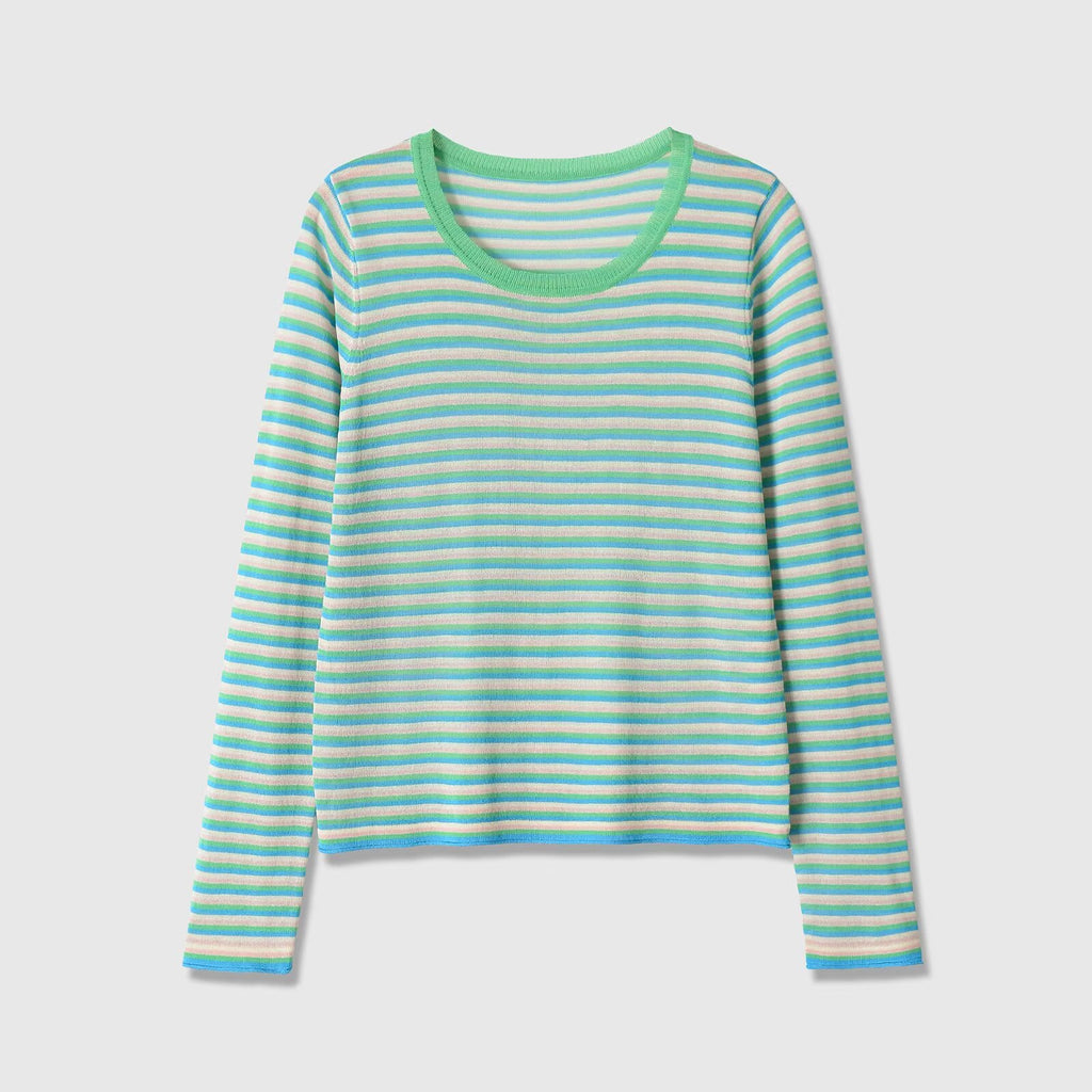 Long sleeved round neck fine needle striped knitted sweater
