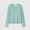 Long sleeved round neck fine needle striped knitted sweater