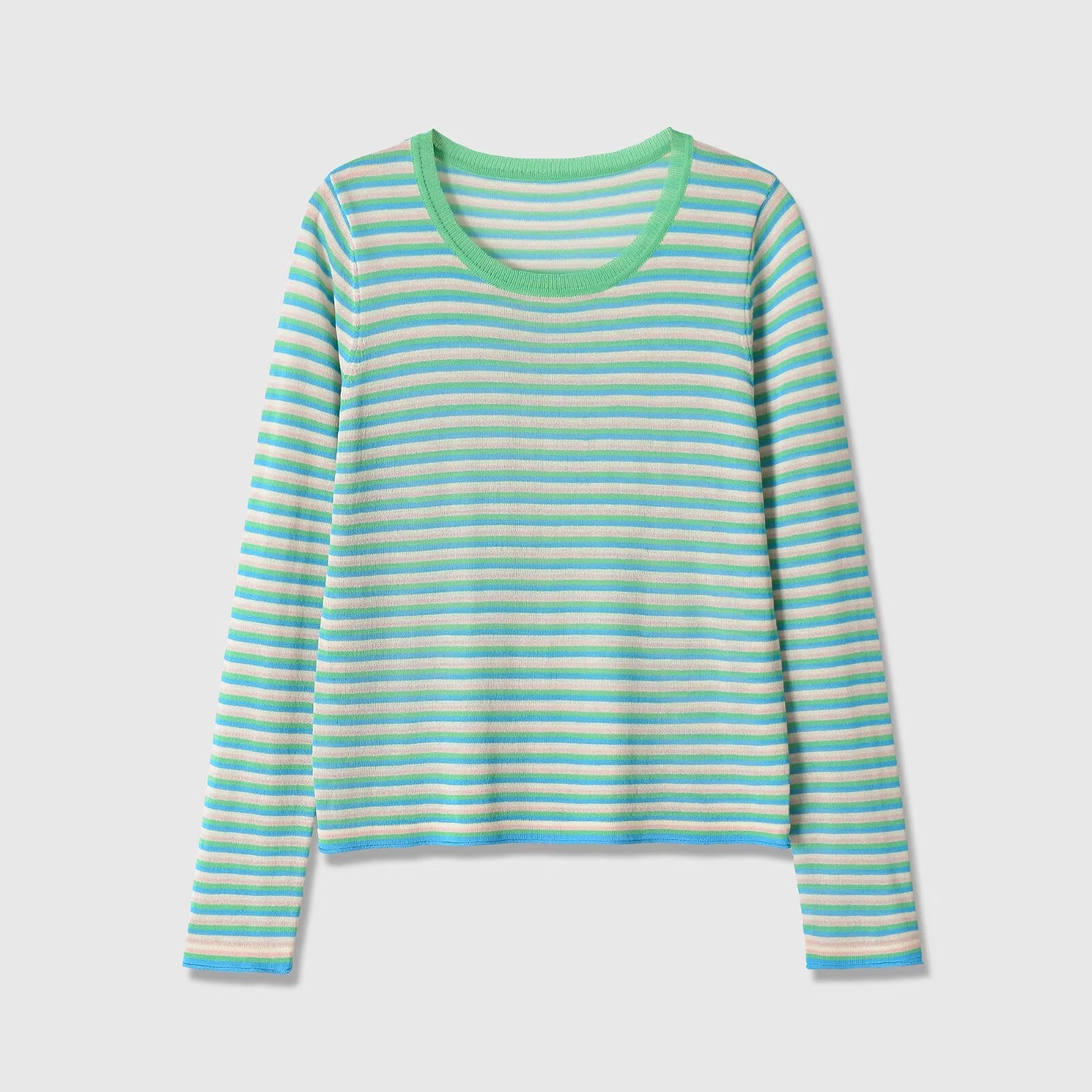 Long sleeved round neck fine needle striped knitted sweater