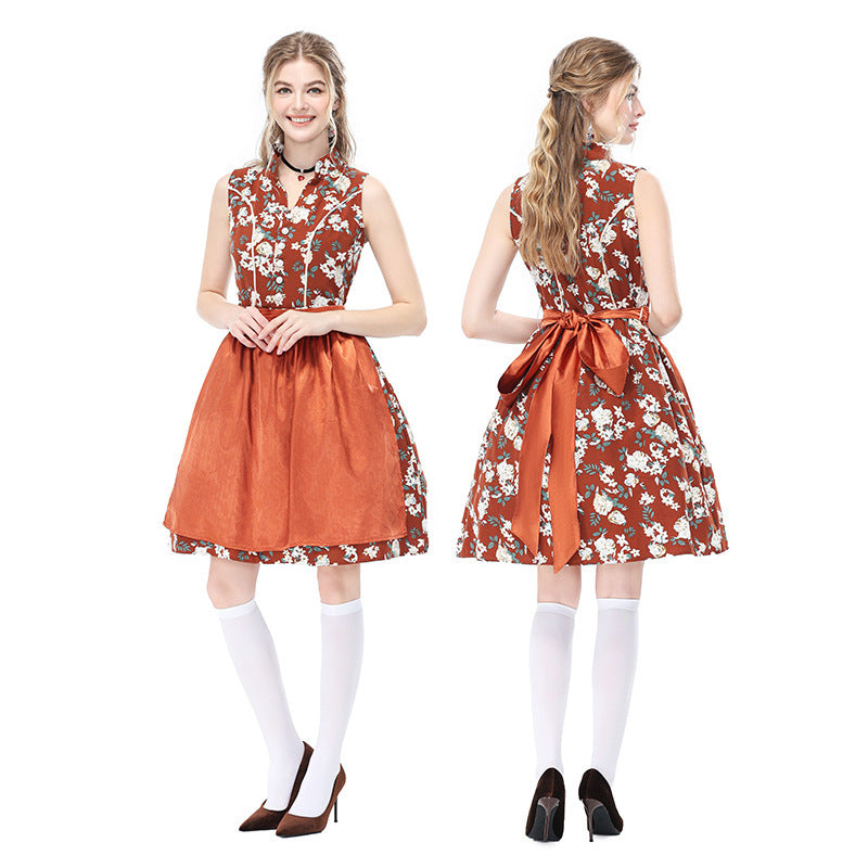 German Beer Festival Vintage Floral Sleeveless Dirndl Dress Bavarian Ethnic Party Stage Performance Costume