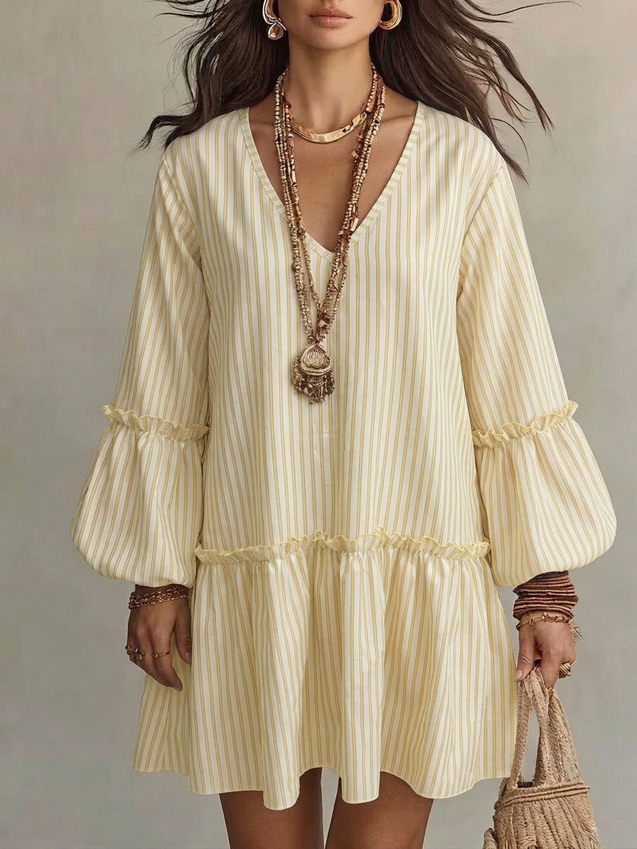 Style Autumn New Women's Long Sleeve Dress Stripe Print V-Neck Lantern Sleeve Loose Mini Dress