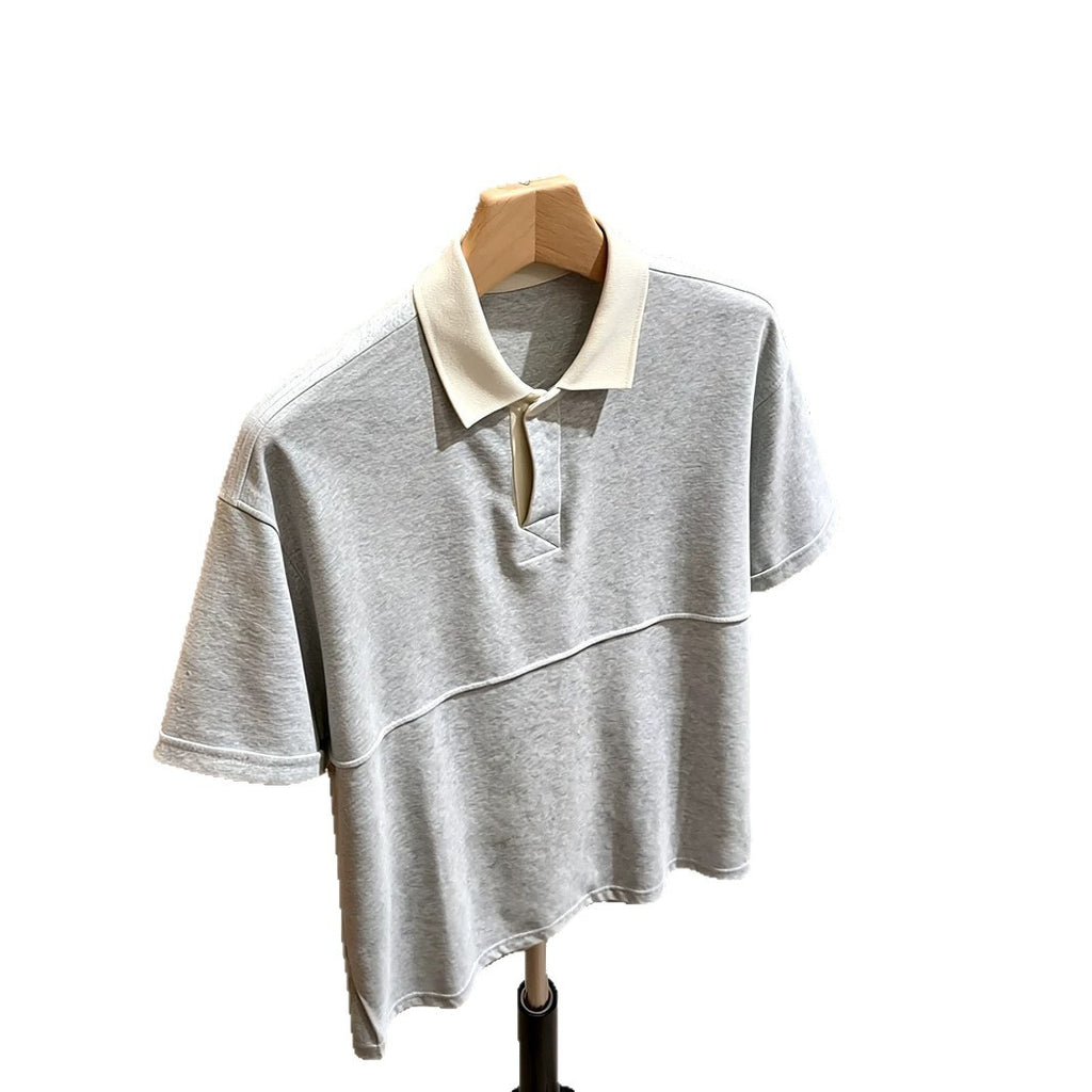 Grey Flip Collar Short Sleeve Design Patchwork Top