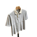 Grey Flip Collar Short Sleeve Design Patchwork Top