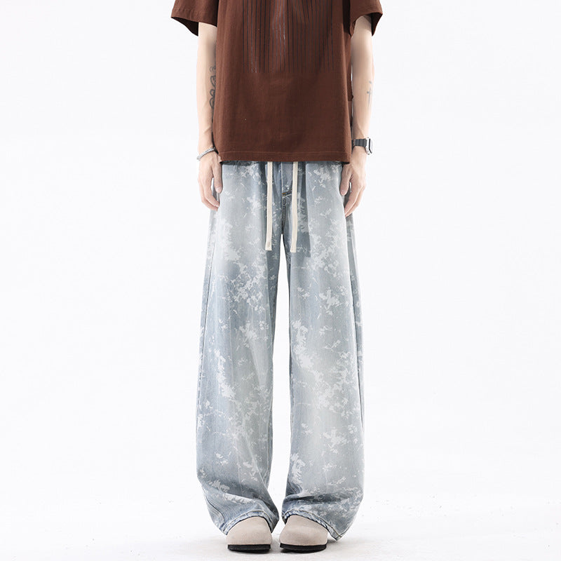 Leather Rayon Denim Pants Men Printed Casual Pants Men Trendy Vintage Retro Long Pants