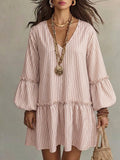 Style Autumn New Women's Long Sleeve Dress Stripe Print V-Neck Lantern Sleeve Loose Mini Dress