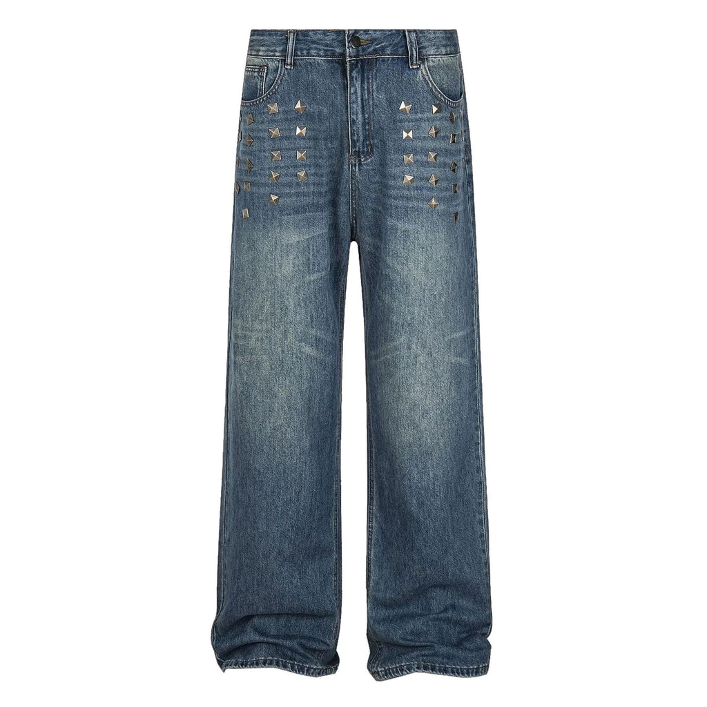 Street Style Rivet Straight Leg Washed Denim Pants