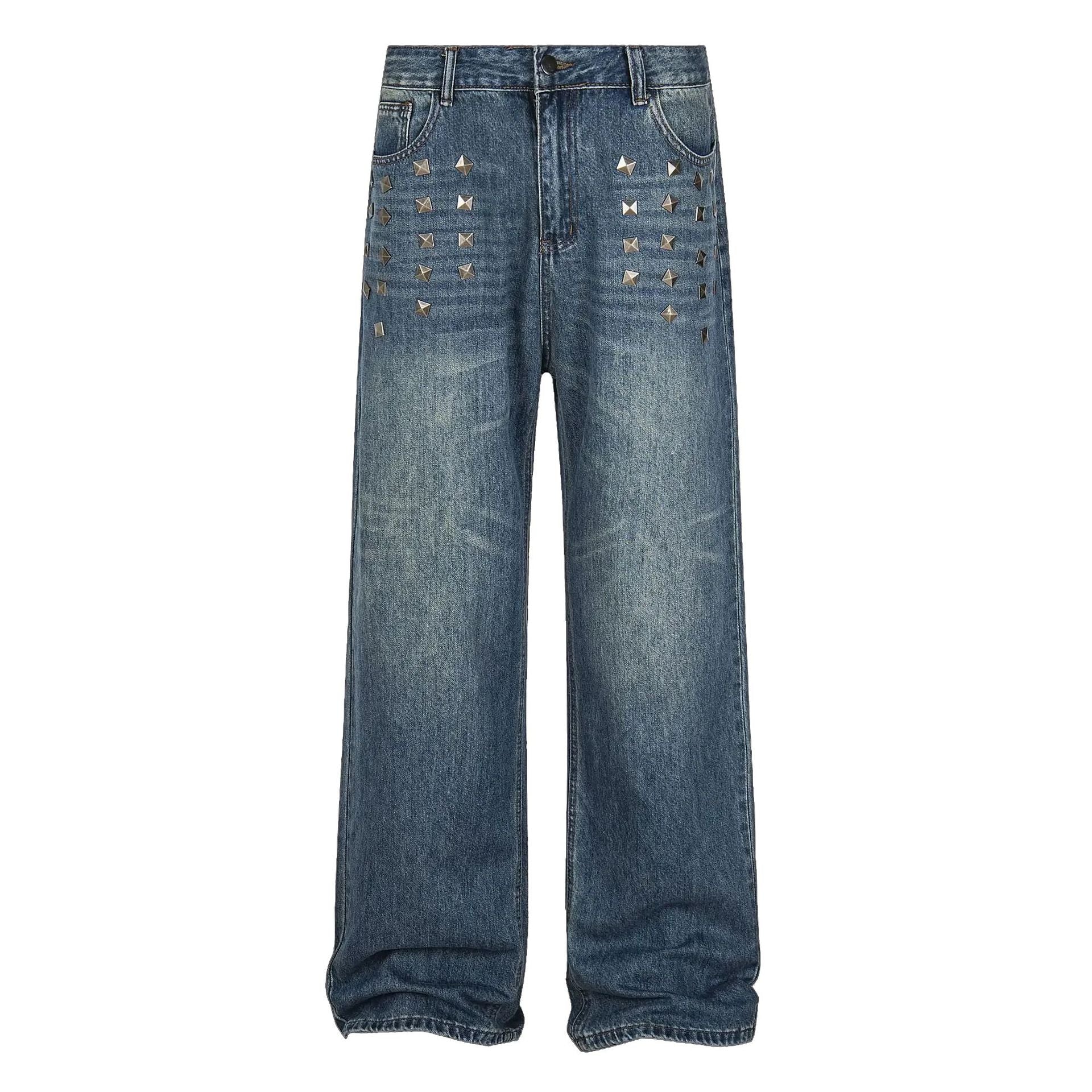 Street Style Rivet Straight Leg Washed Denim Pants