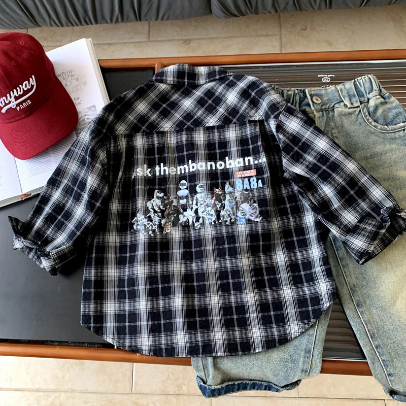 Checkered shirt for boys spring and autumn long sleeved shirt top