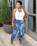 Ripped Tie-Waist Slim Fit Ribbed Cuffed Jeans