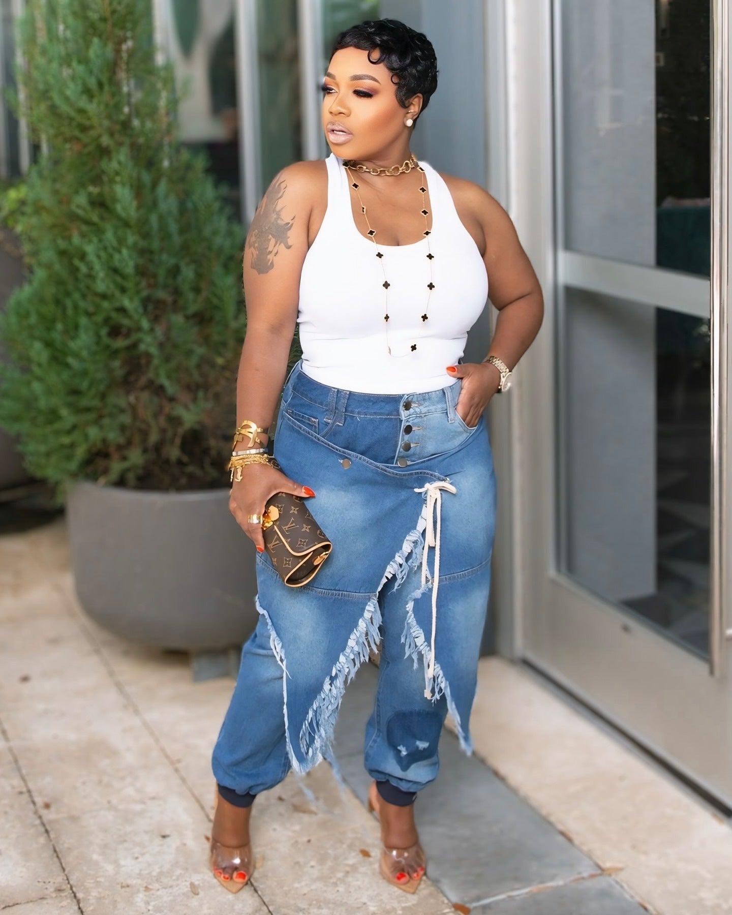 Ripped Tie-Waist Slim Fit Ribbed Cuffed Jeans
