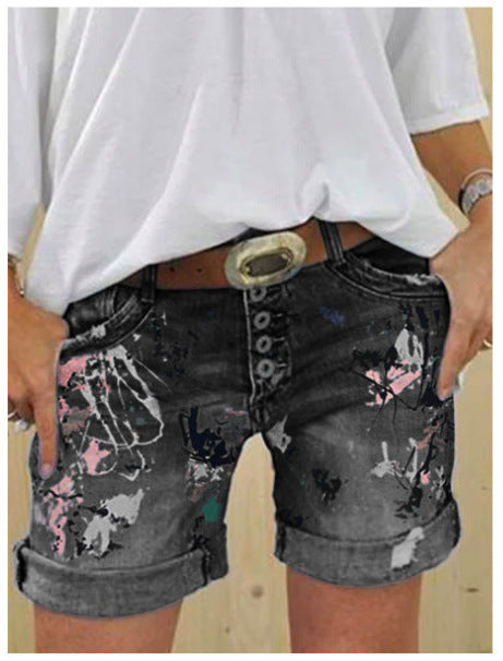 High-Waisted Elastic Printed Women's Denim Shorts with Button Closure, Large Size, Fashionable Design
