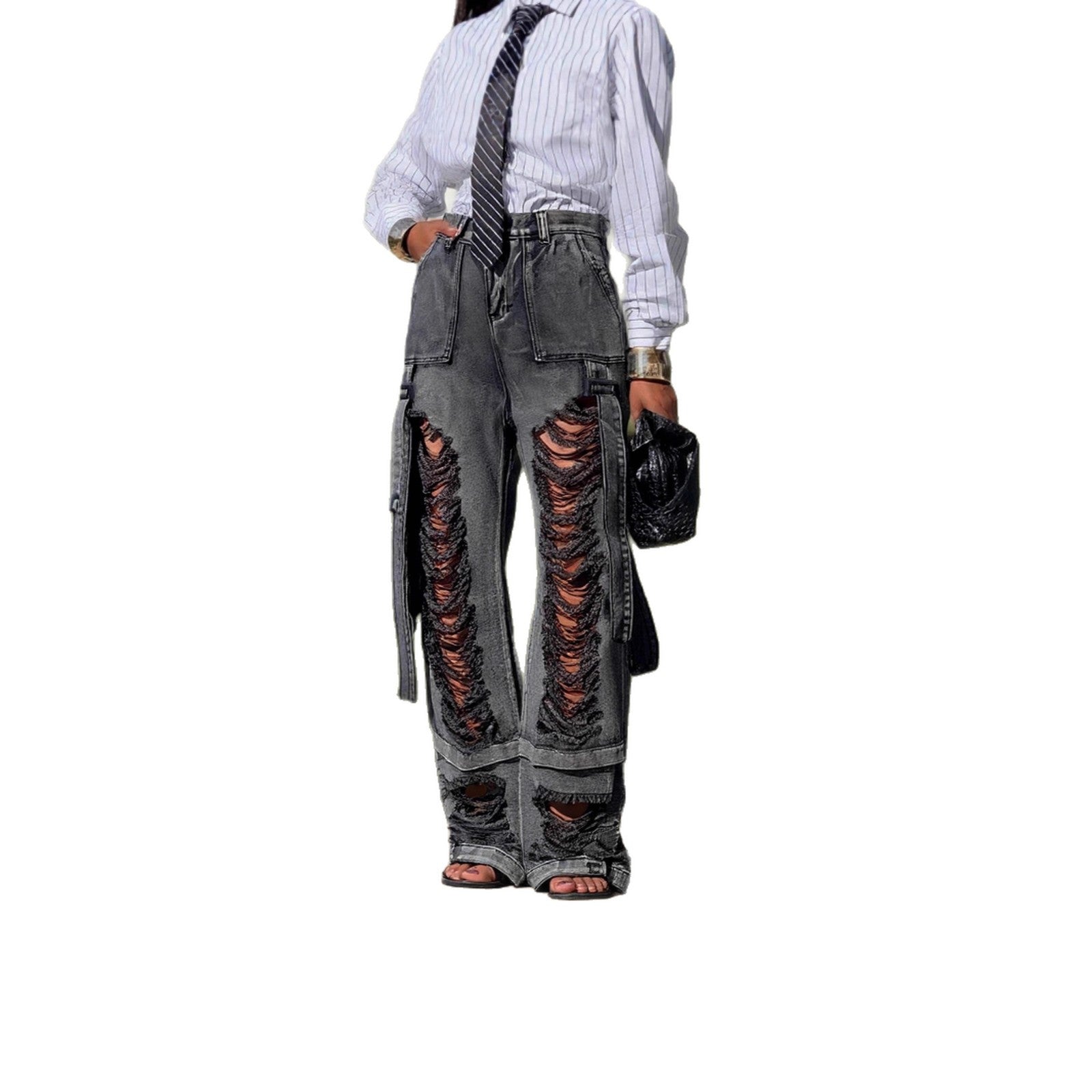 Hiphop Street Style Ripped Tie-Detail Cargo Jeans