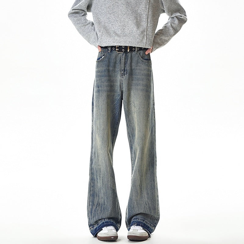 Streetwear Lightning Pattern Washed Denim Pants Men