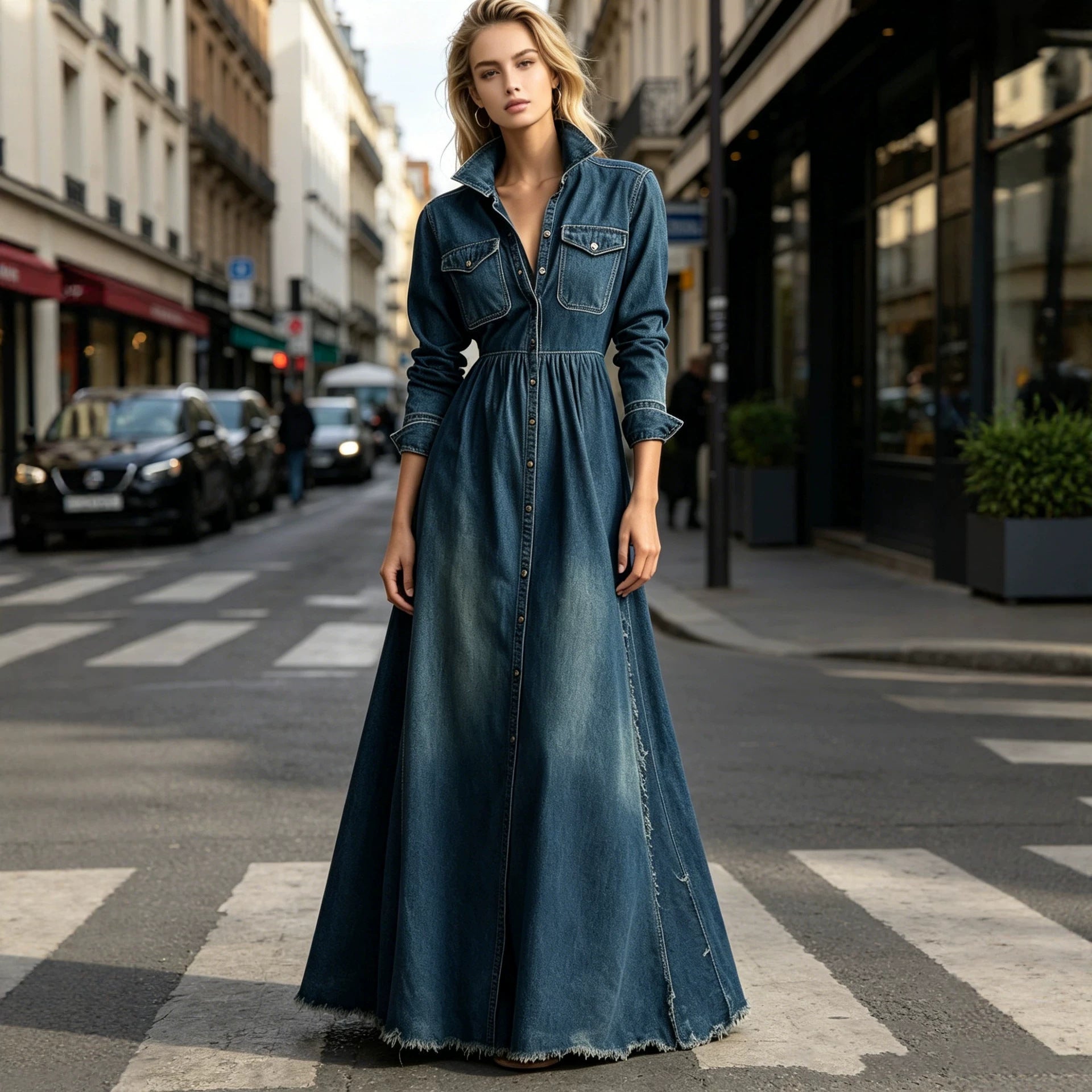 Style Retro Elegant Fitted Long Sleeve Denim Dress with Flared Skirt