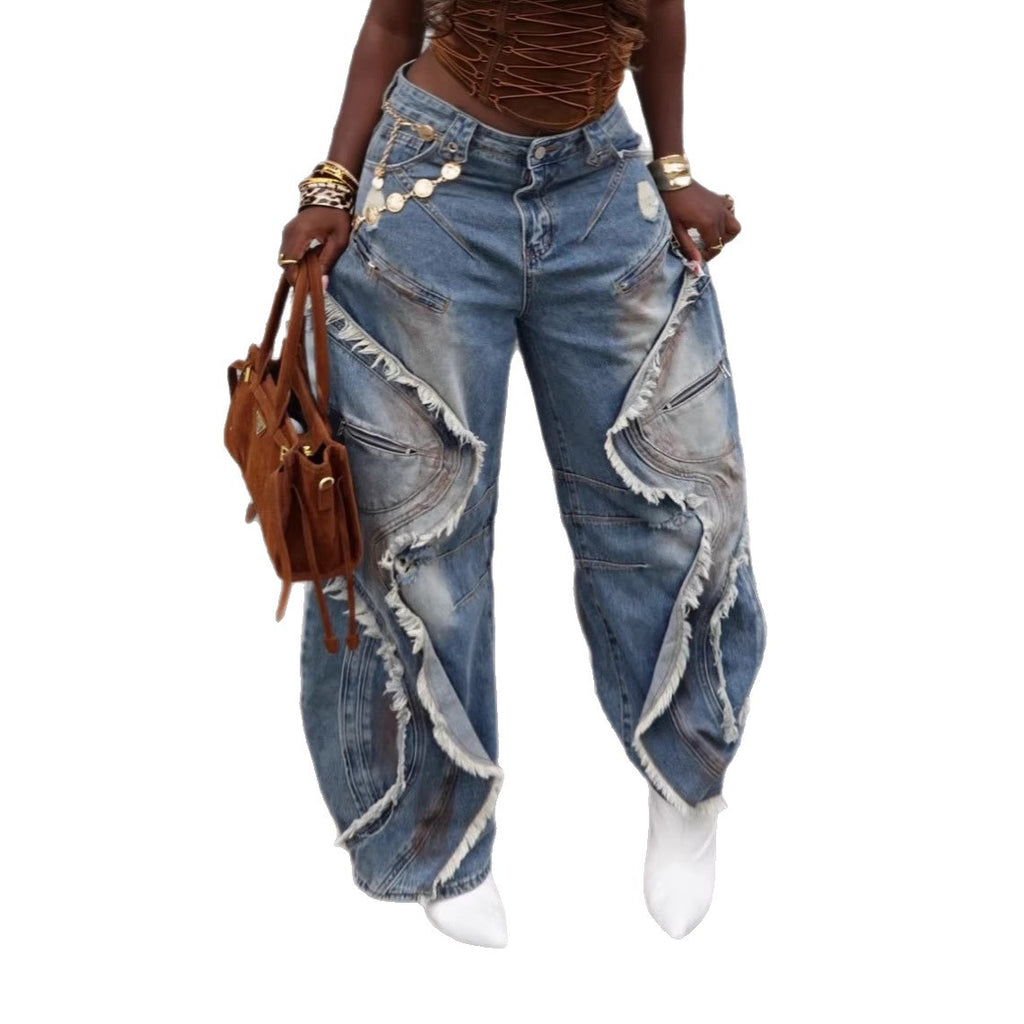 Heavy-duty Wave Frayed Ripped Knife-edge Jeans