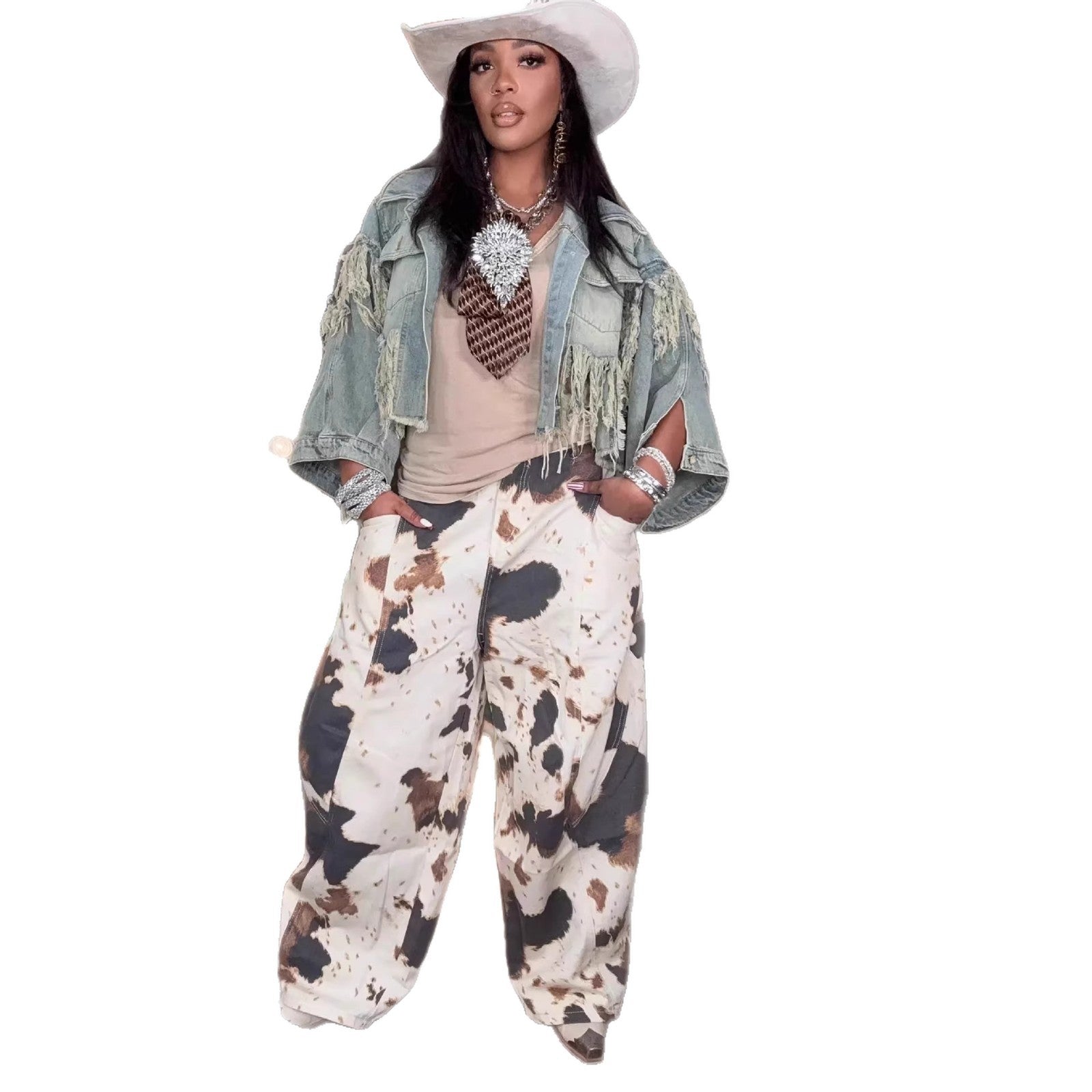 Western Style Cowhide Pattern Curved Knife Jeans