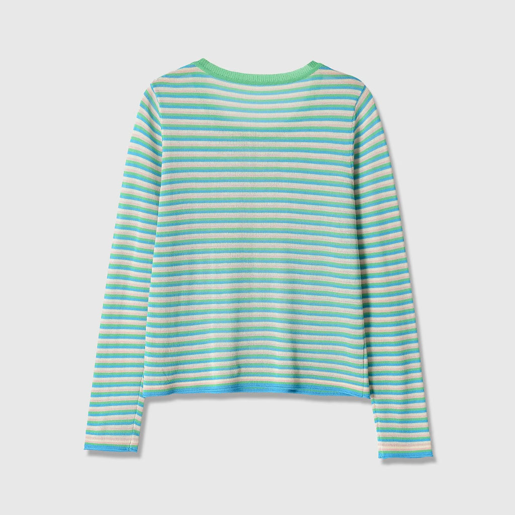 Long sleeved round neck fine needle striped knitted sweater