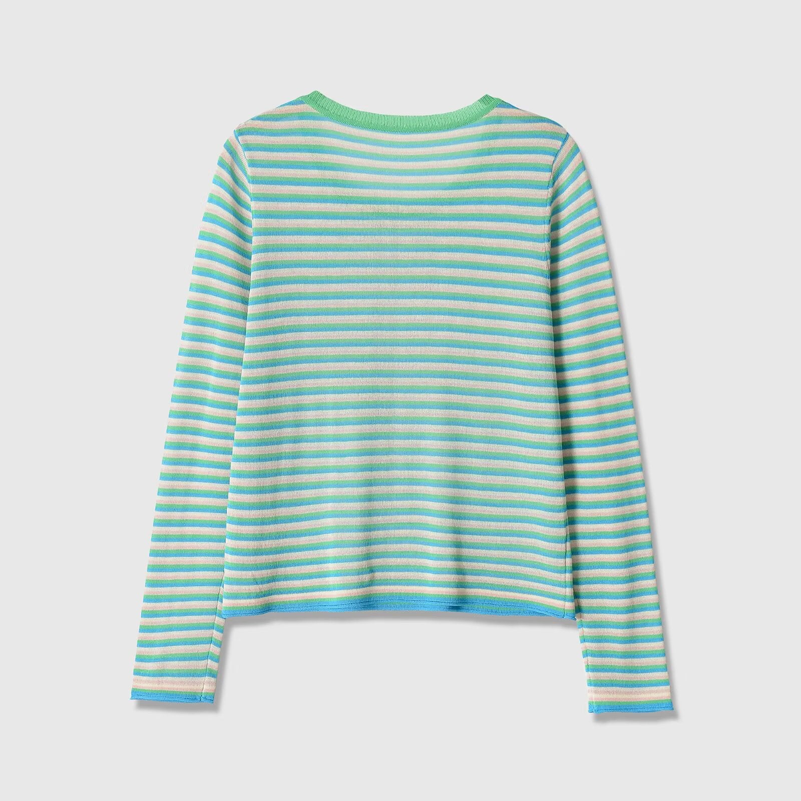 Long sleeved round neck fine needle striped knitted sweater