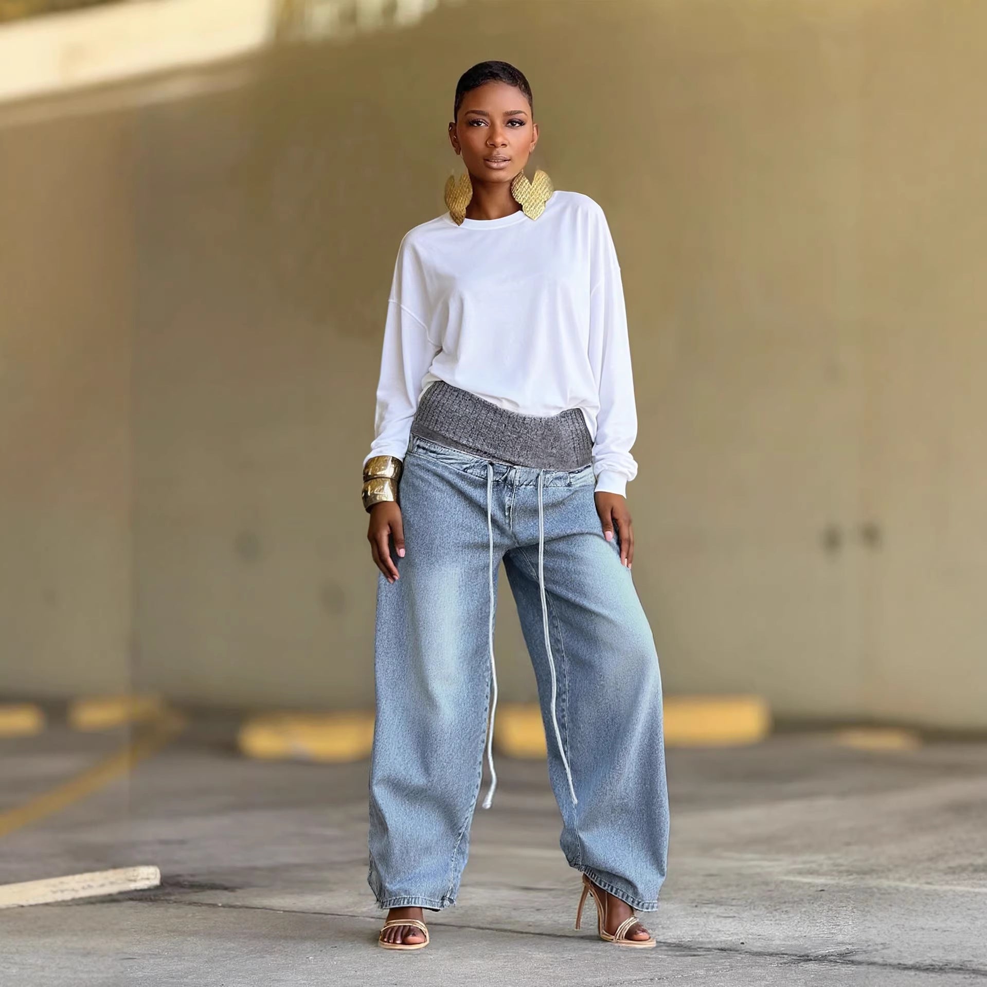 Washed Distressed Ribbed Elastic Waist Wide Leg Jeans