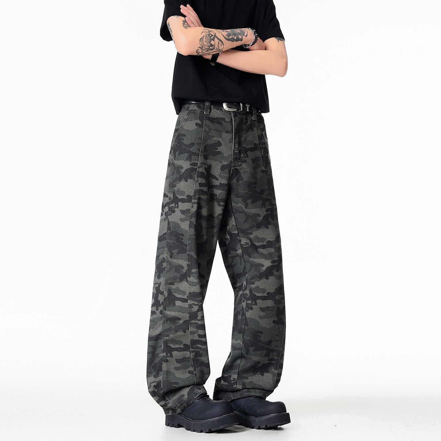 Street Style Camouflage Denim Pants Men Loose Straight Leg Floor-Length Cargo Pants