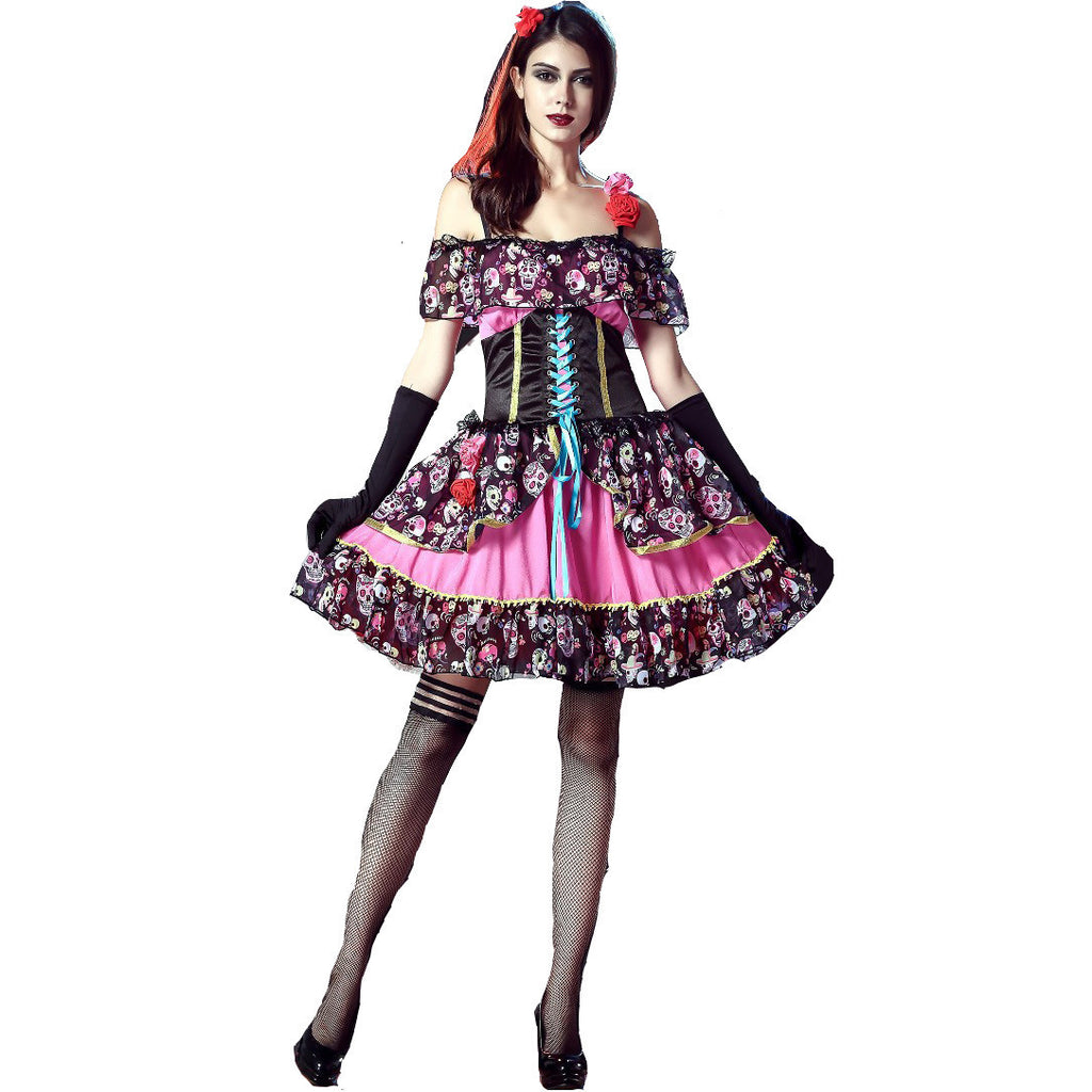 Halloween Costume Carnival Cosplay Rose Skull Sexy Horror Ghost Bride Beauty Queen Witch Women