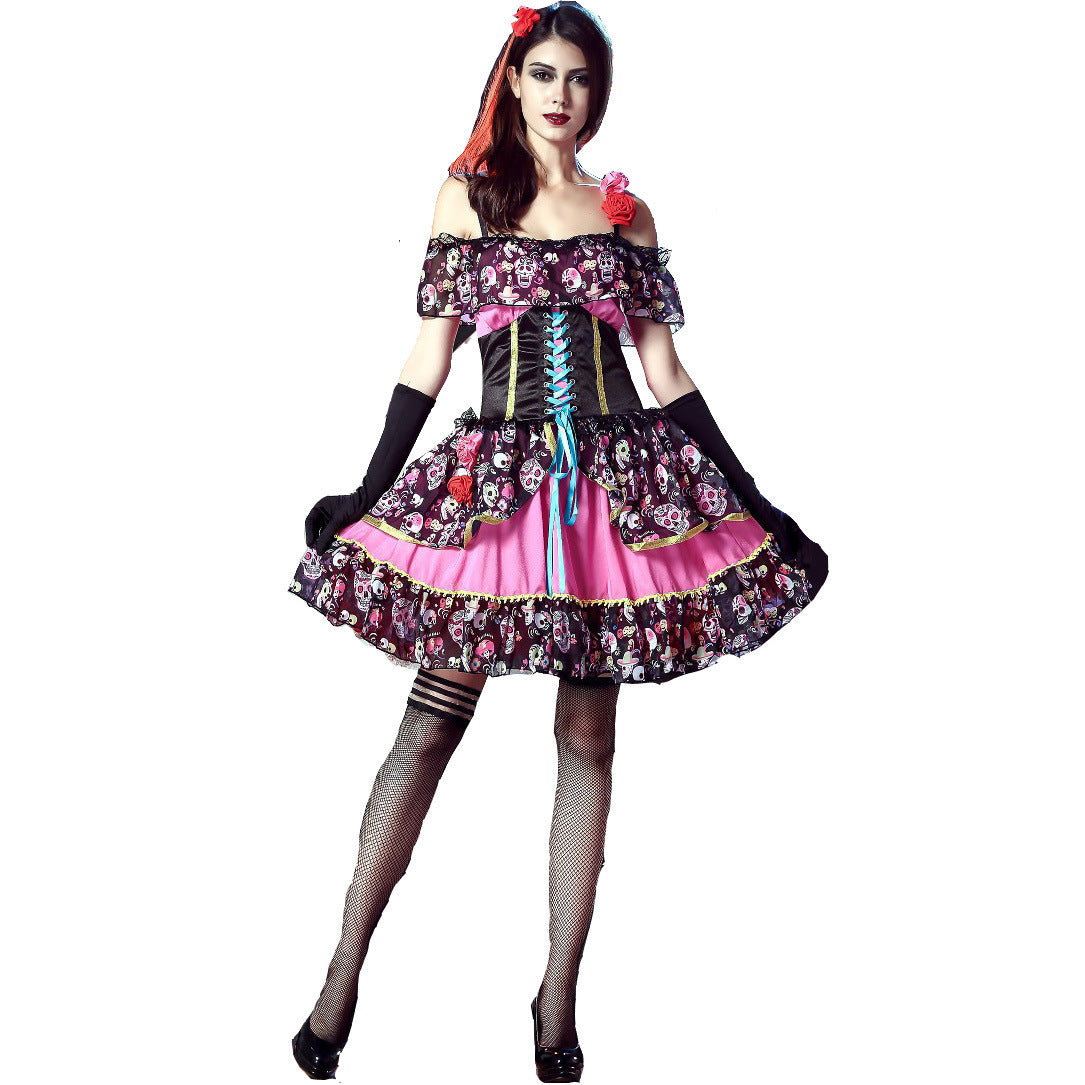 Halloween Costume Carnival Cosplay Rose Skull Sexy Horror Ghost Bride Beauty Queen Witch Women