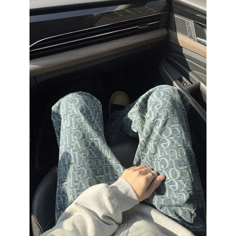 Floral Print Denim Pants Men Unique Design Flared Pants
