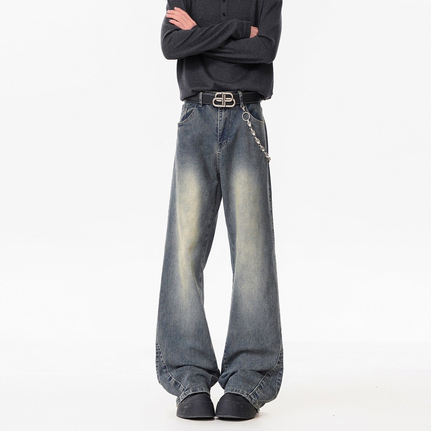 Texture Washed Knife-Edge Denim Pants Men