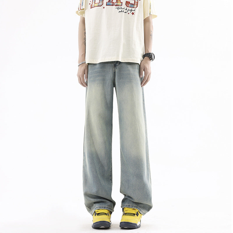 Denim Pants Men Loose Straight Leg Blue Casual Drape Wide Leg Long Pants