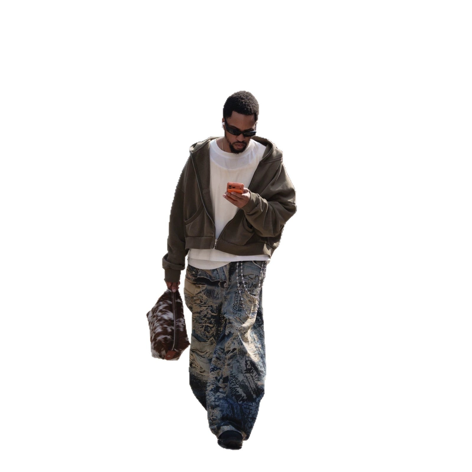 Streetwear Graffiti Distressed 3D Print Straight Leg Jeans for Men