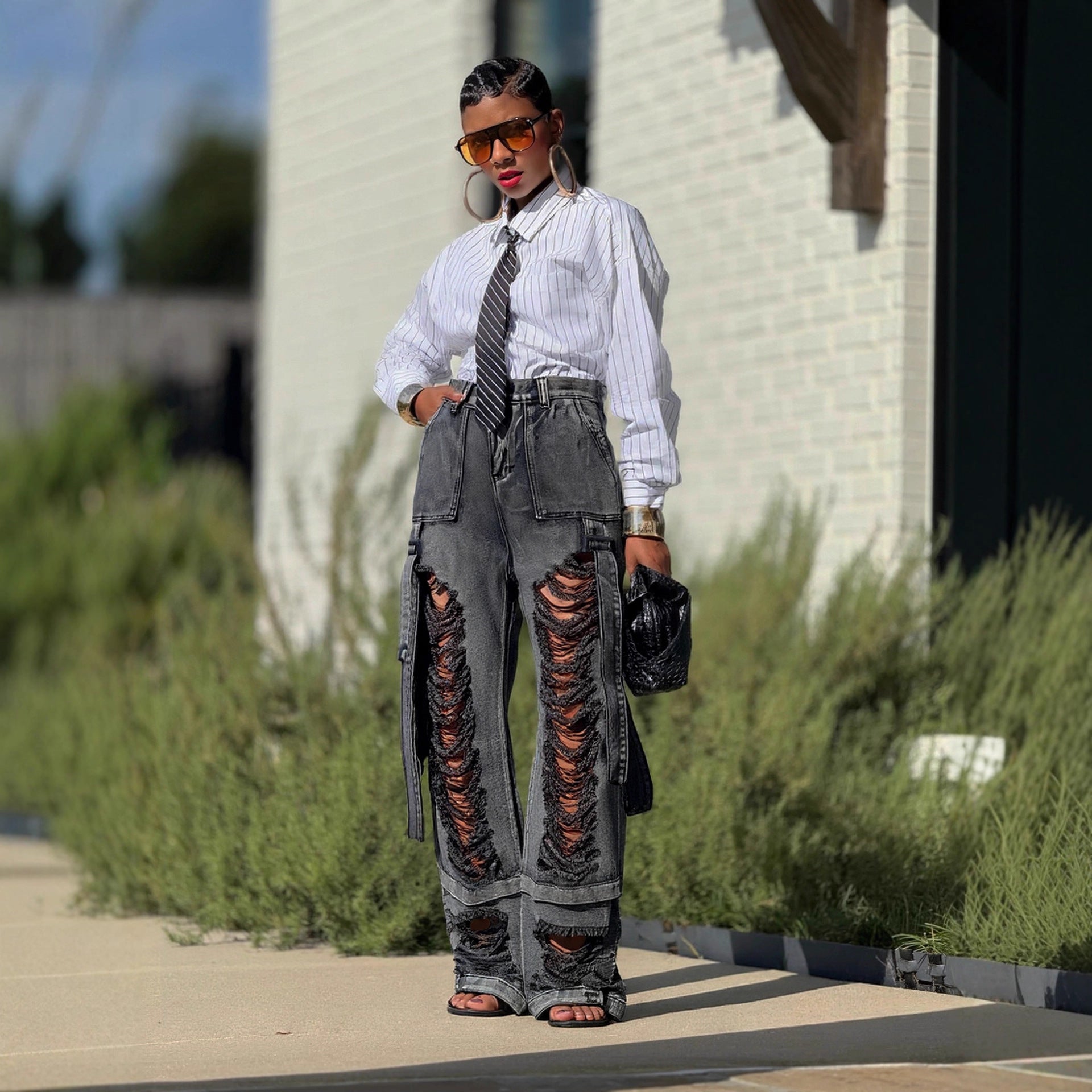 Hiphop Street Style Ripped Tie-Detail Cargo Jeans