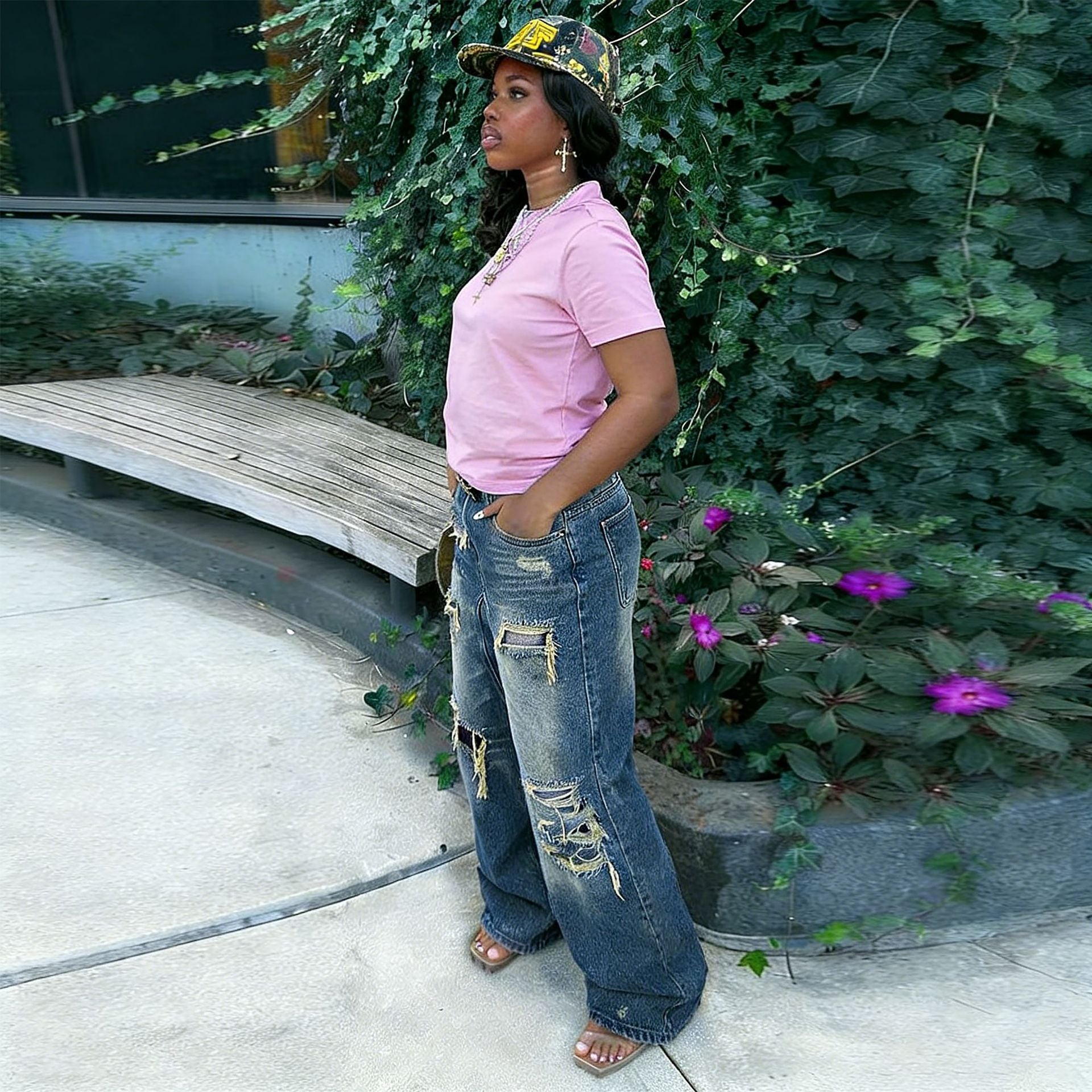 Street Style Ripped Distressed Painted Washed Denim Pants