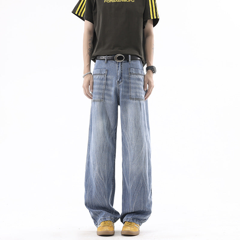 Vintage Blue Knife-Edge Denim Jeans for Men