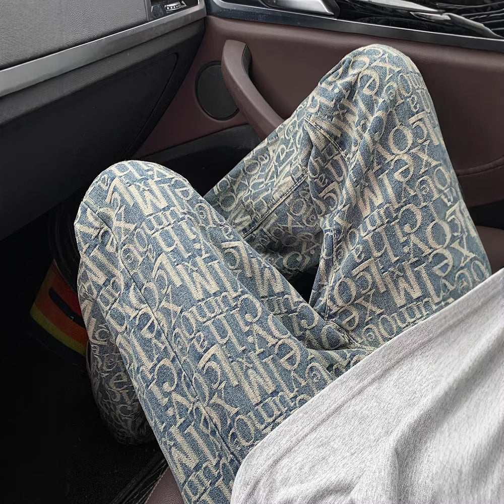 Floral Print Denim Pants Men Unique Design Flared Pants