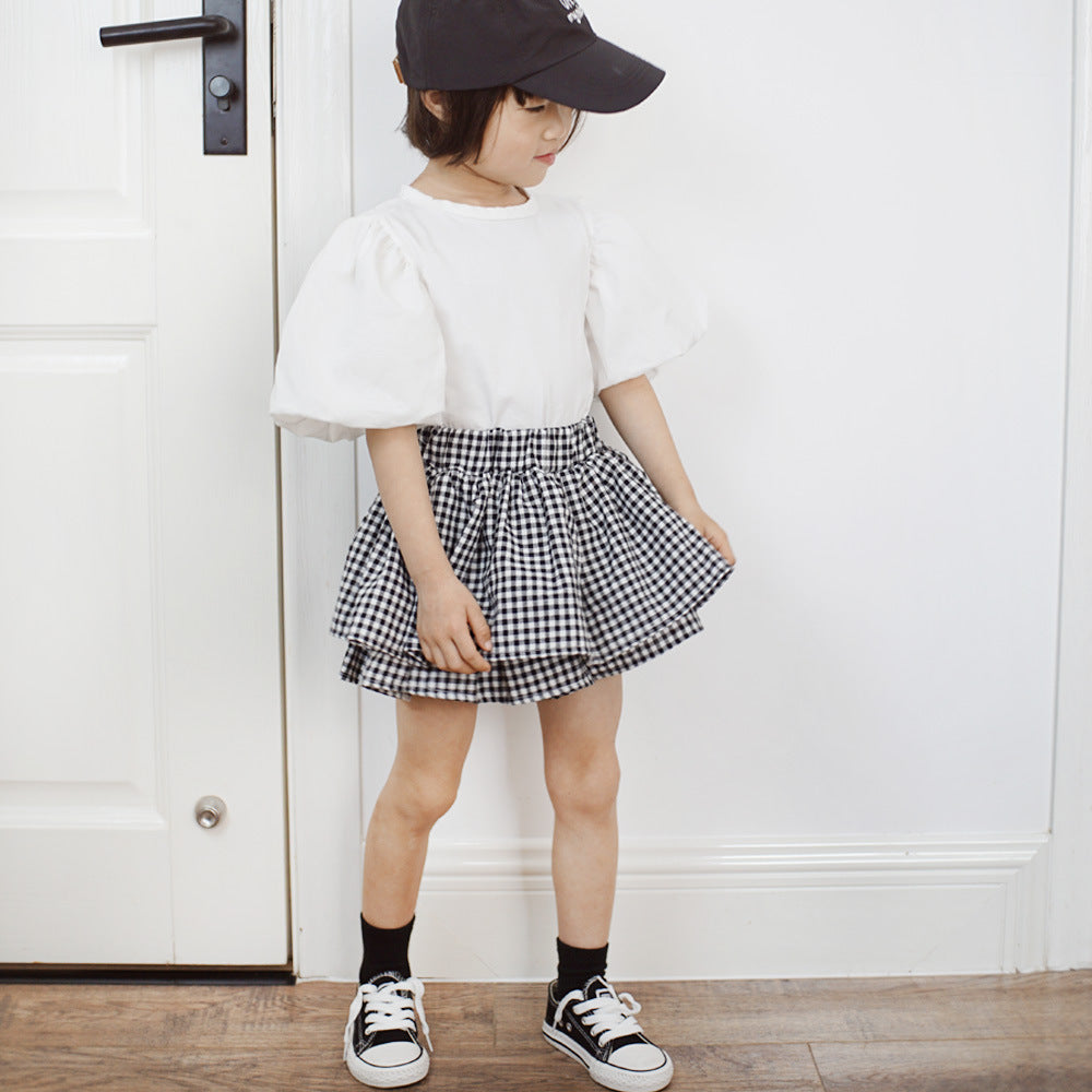 Girls Checkered Skirt Pants Children's Puffy Princess Dress