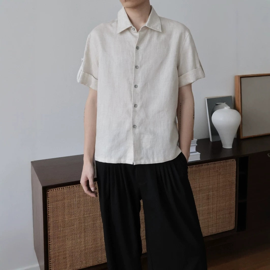 Linen Tencel Lyocell Classic Fit Cuffed Button-Up Casual Short Sleeve Shirt