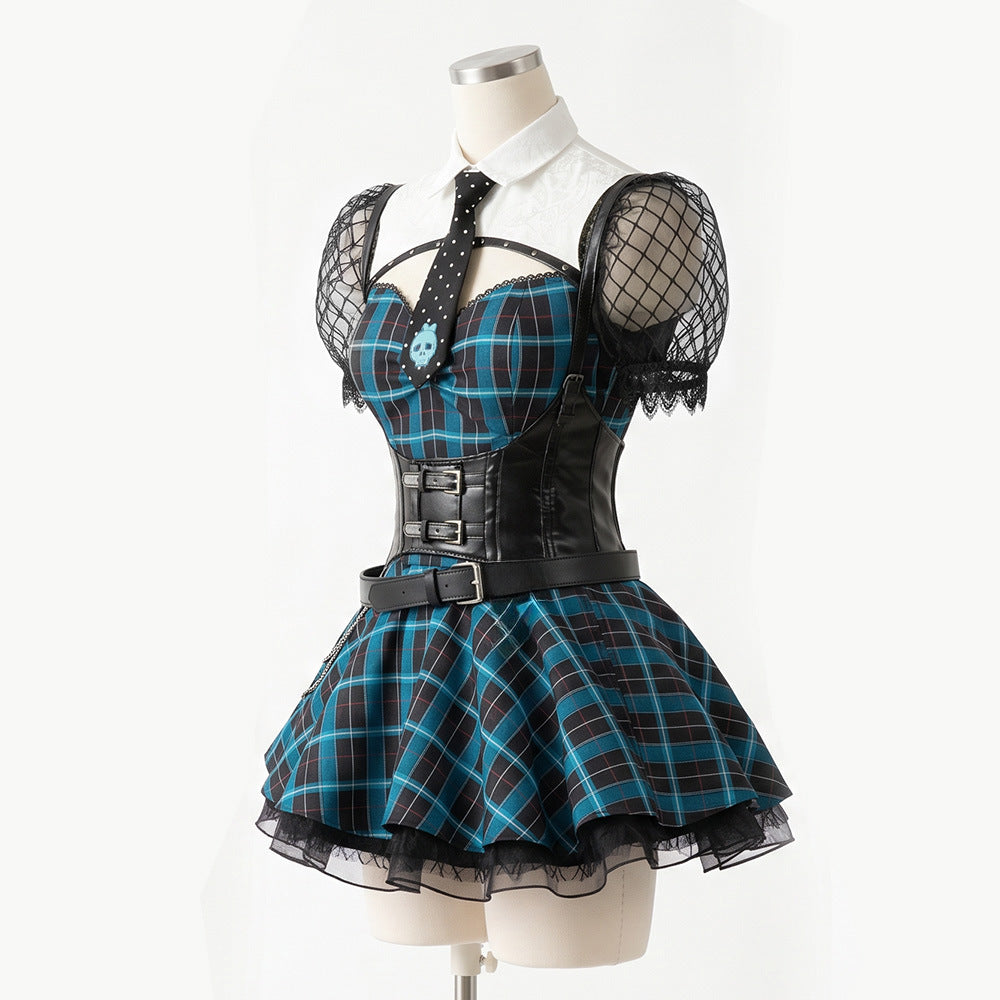 Elven High School Francine Cosplay Costume College Style Waist-Cinched Plaid Dress Halloween Role-Play Outfit
