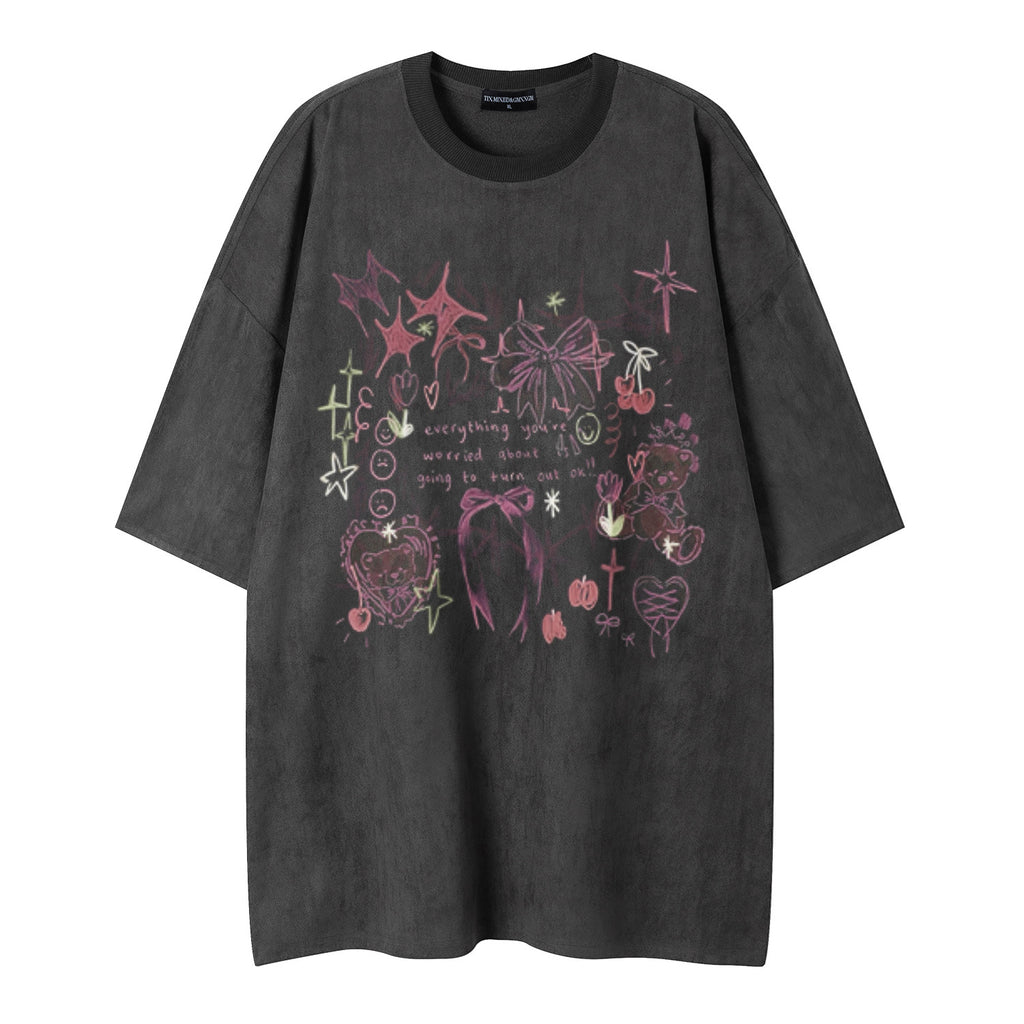 Graffiti teddy bear printed short sleeved shirt