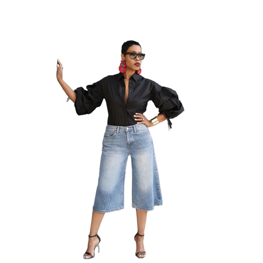 Fashion Studded High-Waisted Washed Bleached Denim Mid-Length Pants