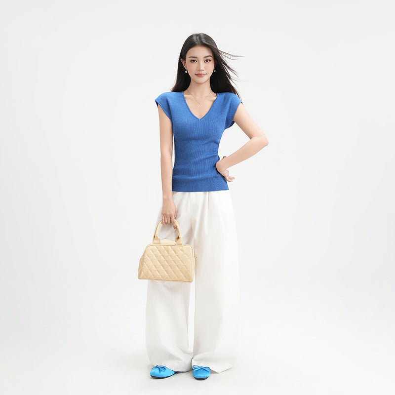 Blue V-Neck Collar-Baring Knit Short Sleeve T-Shirt for Women Lightweight Sheer