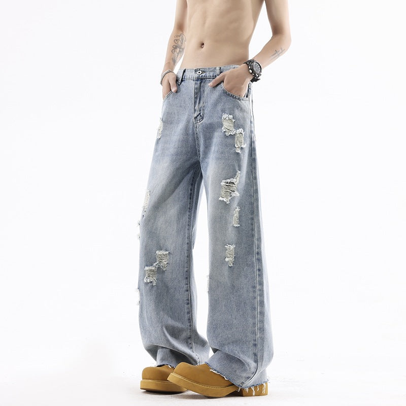 Street Style Ripped Denim Pants Men Lightweight Straight Loose