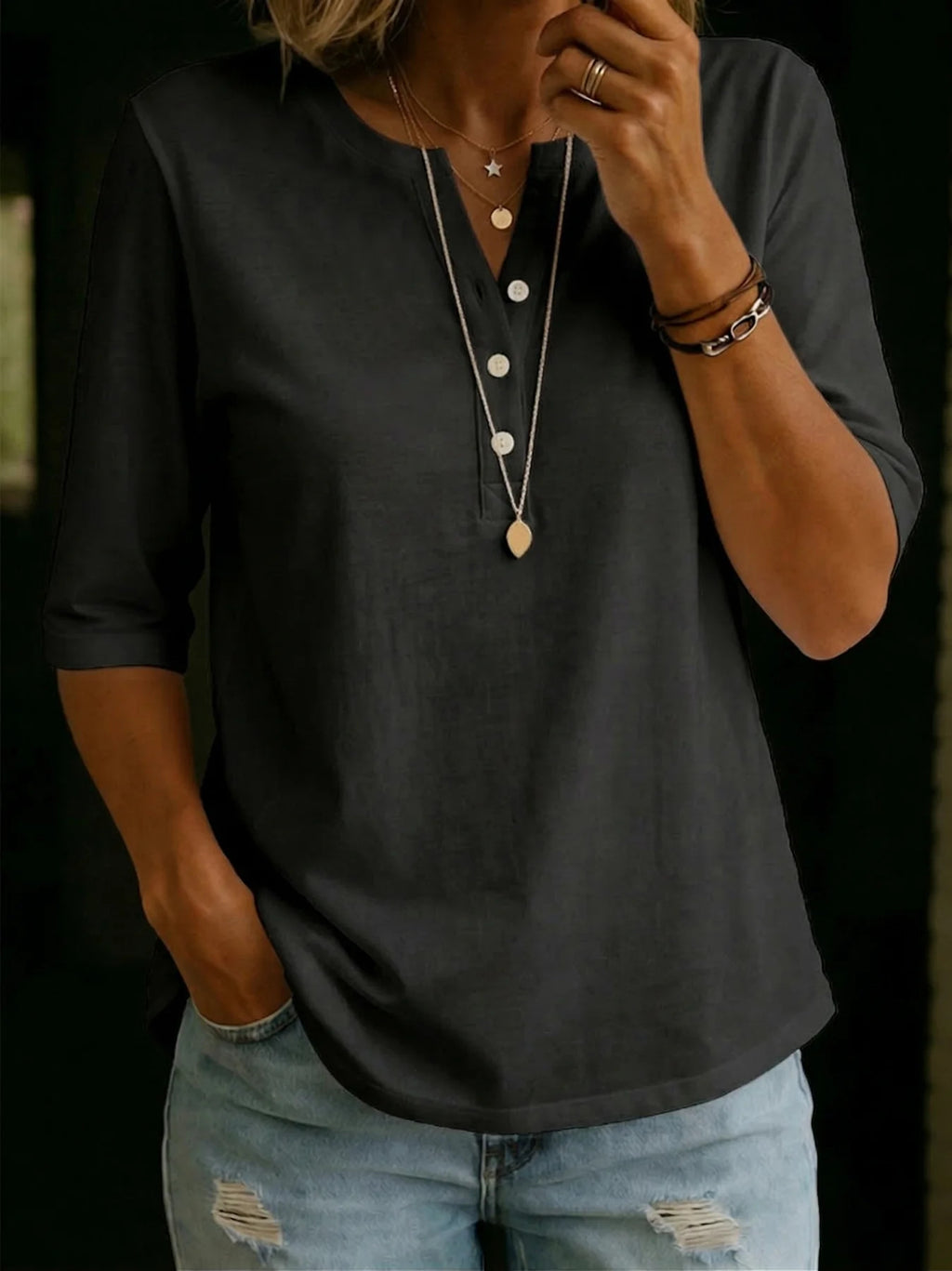 Classic Henley Neck Style Spring Summer New Women's Solid Color Button-Up Top