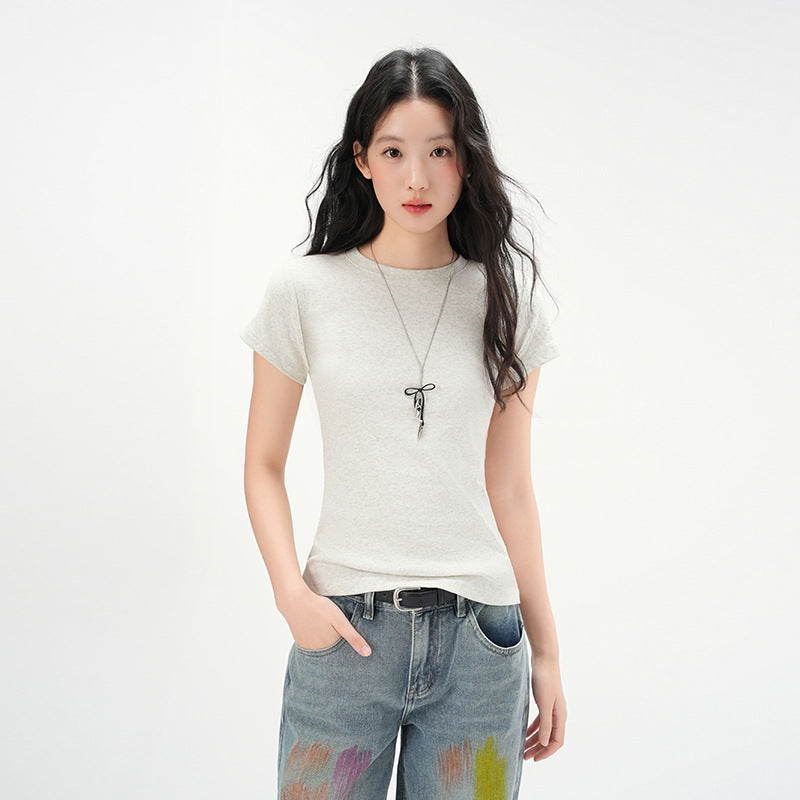 Round Neck Basic Cotton Fitted Short Sleeve T-Shirt for Women