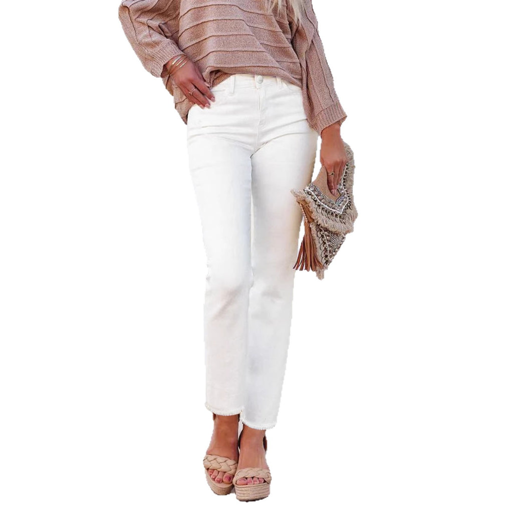 Straight Leg Ankle-Length White Raw Hem Denim Pants T Casual Wear